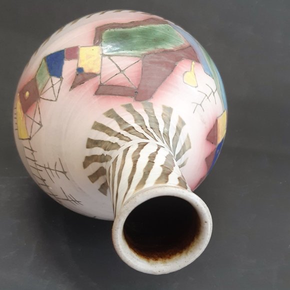 VTG Art Pottery Vase Abstract Hand Painted Pastel Colors Rare Signed - Picture 7 of 10